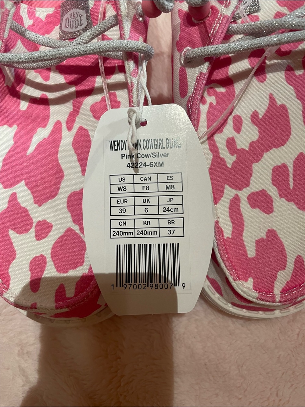NWT Hey Dude Pink Cow Print with Silver Glitter Slip On Loafers - Picture 5 of 7